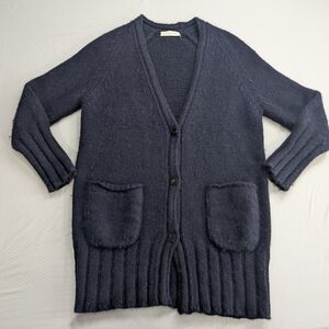 KASH Alpaca/Merino Wool Pocket Cardigan IT 40 V-Neck Navy Ribbed Made in Italy